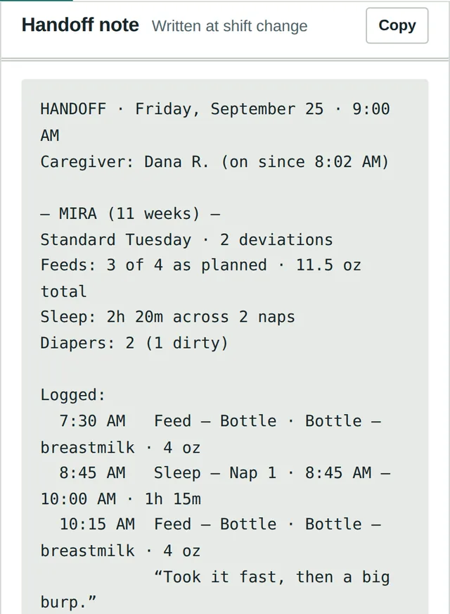 Handoff note: a written summary of feeds, sleep and diapers with timestamps and caregiver notes